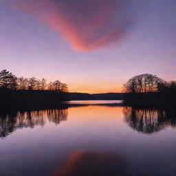 Generate an image of a breathtaking sunset view over a serene lake, reflecting shades of orange and purple with silhouettes of trees on the horizon