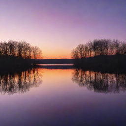 Generate an image of a breathtaking sunset view over a serene lake, reflecting shades of orange and purple with silhouettes of trees on the horizon