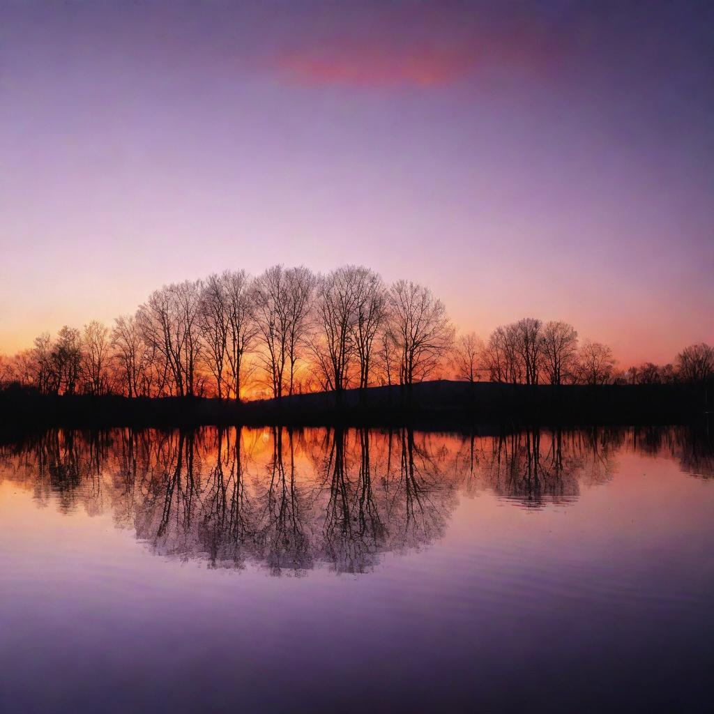 Generate an image of a breathtaking sunset view over a serene lake, reflecting shades of orange and purple with silhouettes of trees on the horizon