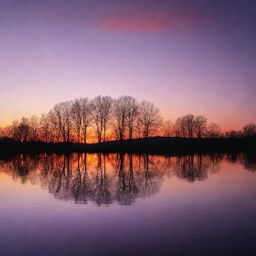 Generate an image of a breathtaking sunset view over a serene lake, reflecting shades of orange and purple with silhouettes of trees on the horizon