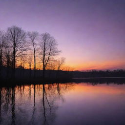 Generate an image of a breathtaking sunset view over a serene lake, reflecting shades of orange and purple with silhouettes of trees on the horizon