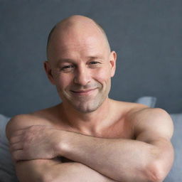 A bald man with a soft, caring expression, suggesting the comfort of his nightly cuddles, his arms seem inviting and his gentle smile exudes warmth and affection