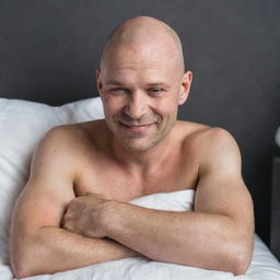 A bald man with a soft, caring expression, suggesting the comfort of his nightly cuddles, his arms seem inviting and his gentle smile exudes warmth and affection