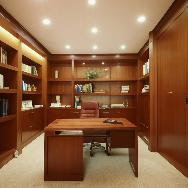 Design a 15ft by 15ft boss office that complies with Vastu principles. Include elements like a spacious desk, a large chair, bookshelves, and adequate lighting, keeping all necessities in the right direction.