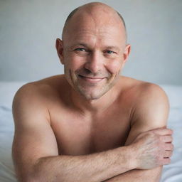 A bald man with a soft, caring expression, suggesting the comfort of his nightly cuddles, his arms seem inviting and his gentle smile exudes warmth and affection