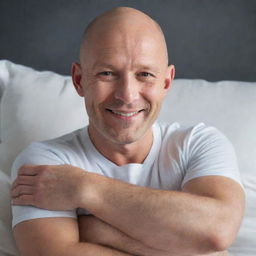 A bald man with a soft, caring expression, suggesting the comfort of his nightly cuddles, his arms seem inviting and his gentle smile exudes warmth and affection