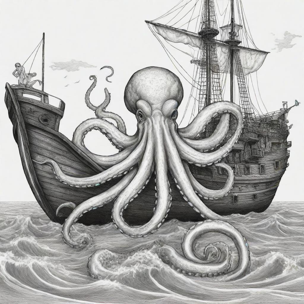 Big octopus emerging from the sea, gripping onto a pirate ship, illustrated in black and white line art suitable for a coloring page