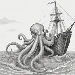 Big octopus emerging from the sea, gripping onto a pirate ship, illustrated in black and white line art suitable for a coloring page