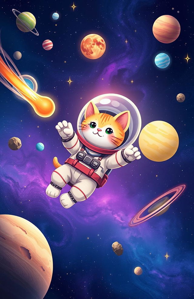 A whimsical scene featuring a cute cat floating in space, wearing an adorable spacesuit with a transparent helmet, surrounded by colorful planets and twinkling stars