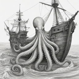 Big octopus emerging from the sea, gripping onto a pirate ship, illustrated in black and white line art suitable for a coloring page