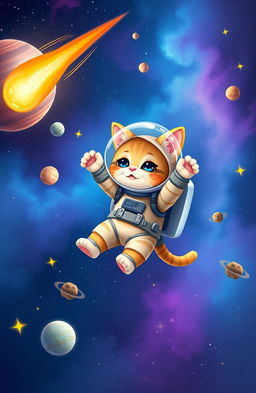 A whimsical scene featuring a cute cat floating in space, wearing an adorable spacesuit with a transparent helmet, surrounded by colorful planets and twinkling stars