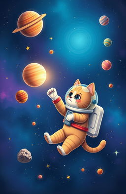 A whimsical scene featuring a cute cat floating in space, wearing an adorable spacesuit with a transparent helmet, surrounded by colorful planets and twinkling stars