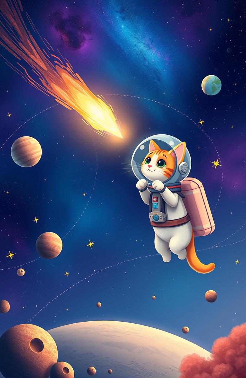 A whimsical scene featuring a cute cat floating in space, wearing an adorable spacesuit with a transparent helmet, surrounded by colorful planets and twinkling stars