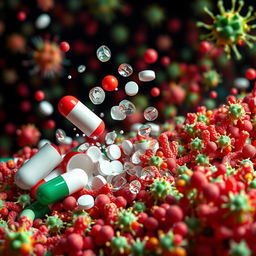 An abstract representation of antibiotic resistance, featuring a colorful background of bacteria and pills, with a striking emphasis on the struggle between antibiotics and resistant bacteria