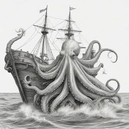 Big octopus emerging from the sea, gripping onto a pirate ship, illustrated in black and white line art suitable for a coloring page