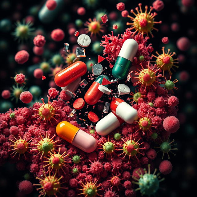 An abstract representation of antibiotic resistance, featuring a colorful background of bacteria and pills, with a striking emphasis on the struggle between antibiotics and resistant bacteria