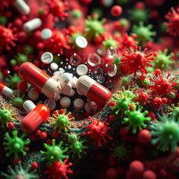 An abstract representation of antibiotic resistance, featuring a colorful background of bacteria and pills, with a striking emphasis on the struggle between antibiotics and resistant bacteria