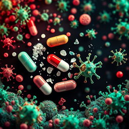 An abstract representation of antibiotic resistance, featuring a colorful background of bacteria and pills, with a striking emphasis on the struggle between antibiotics and resistant bacteria