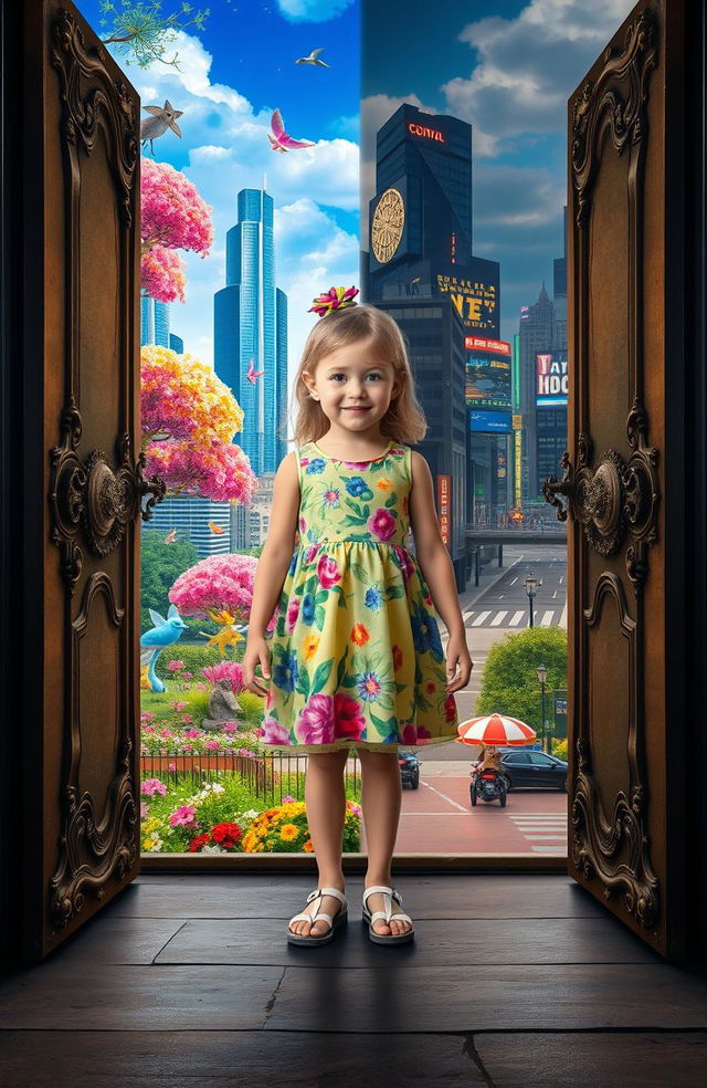 A young girl standing at the threshold of two contrasting worlds, with her body partially in a vibrant fairytale setting filled with whimsical flowers, enchanted trees, and magical creatures, and partially in a modern urban landscape with skyscrapers, bustling streets, and neon lights