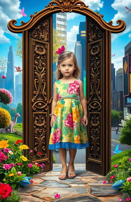 A young girl standing at the threshold of two contrasting worlds, with her body partially in a vibrant fairytale setting filled with whimsical flowers, enchanted trees, and magical creatures, and partially in a modern urban landscape with skyscrapers, bustling streets, and neon lights
