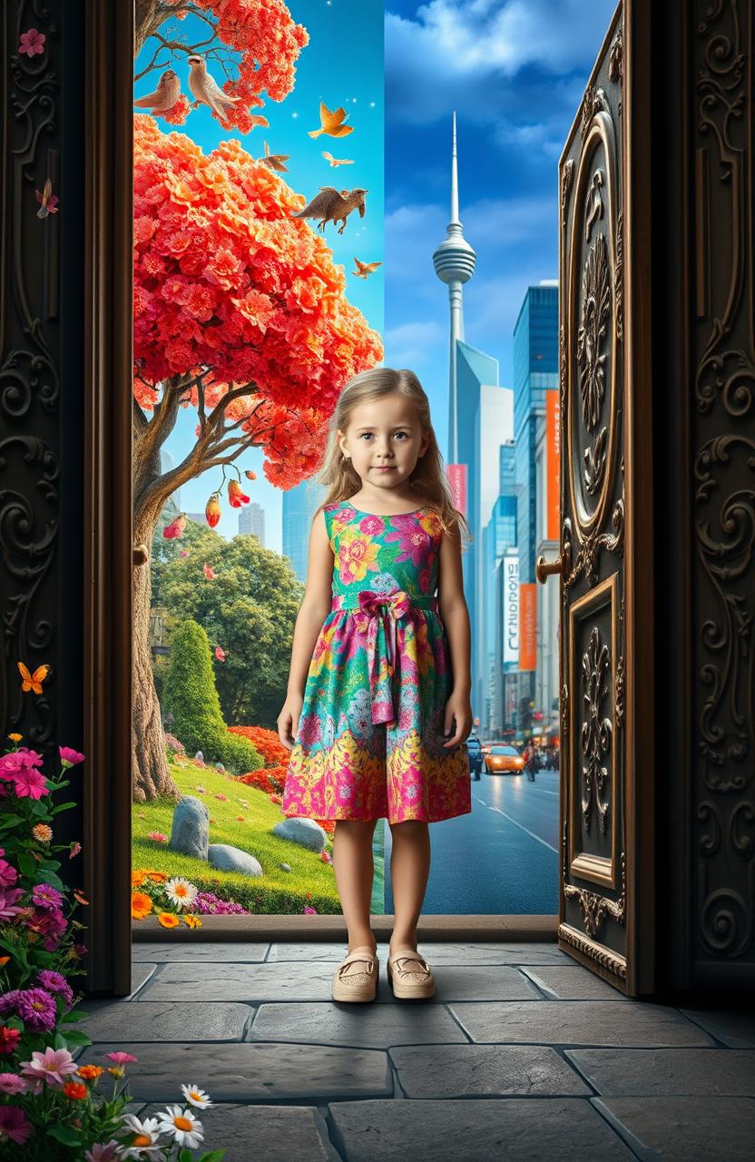 A young girl standing at the threshold of two contrasting worlds, with her body partially in a vibrant fairytale setting filled with whimsical flowers, enchanted trees, and magical creatures, and partially in a modern urban landscape with skyscrapers, bustling streets, and neon lights
