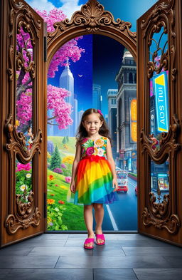 A young girl standing at the threshold of two contrasting worlds, with her body partially in a vibrant fairytale setting filled with whimsical flowers, enchanted trees, and magical creatures, and partially in a modern urban landscape with skyscrapers, bustling streets, and neon lights