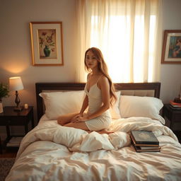 A serene bedroom scene featuring a young woman gracefully seated on a beautifully made bed