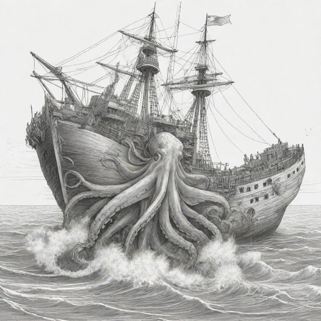 An enormous octopus emerging from the sea, dramatically tearing a ship apart, illustrated in black and white line art suitable for a coloring page