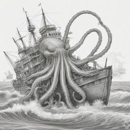 An enormous octopus emerging from the sea, dramatically tearing a ship apart, illustrated in black and white line art suitable for a coloring page