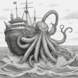 An enormous octopus emerging from the sea, dramatically tearing a ship apart, illustrated in black and white line art suitable for a coloring page