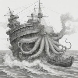 An enormous octopus emerging from the sea, dramatically tearing a ship apart, illustrated in black and white line art suitable for a coloring page