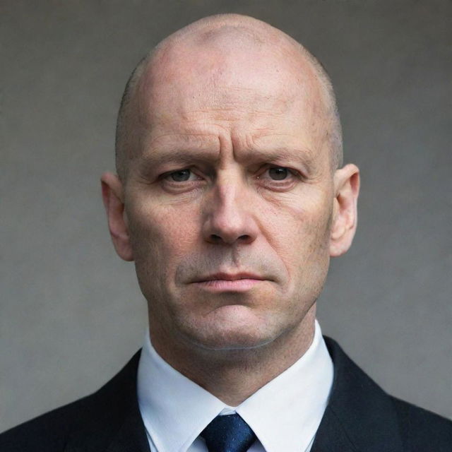 A stern bald man with a strict gaze, indicating a readiness to enforce discipline