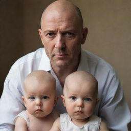 A bald man portraying a stern father figure, his fierce eyes reflecting his strictness, while the hint of warmth in his expression underlines his deep-seated love for his child