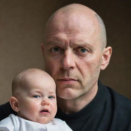 A bald man portraying a stern father figure, his fierce eyes reflecting his strictness, while the hint of warmth in his expression underlines his deep-seated love for his child