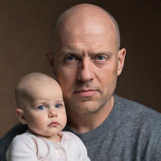 A bald man portraying a stern father figure, his fierce eyes reflecting his strictness, while the hint of warmth in his expression underlines his deep-seated love for his child