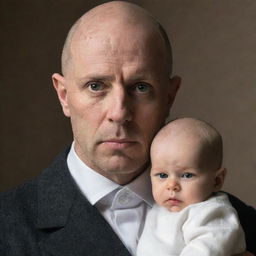 A bald man portraying a stern father figure, his fierce eyes reflecting his strictness, while the hint of warmth in his expression underlines his deep-seated love for his child