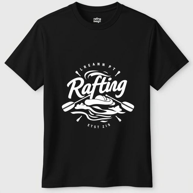 A black t-shirt design for a rafting event featuring a small, minimalistic rafting icon or logo placed on the upper left chest for the front view