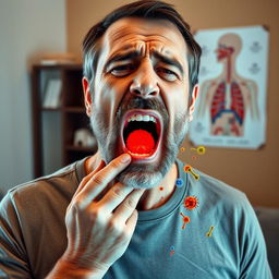 A portrait of a middle-aged man with a distressed expression, holding his throat, indicating a sore throat