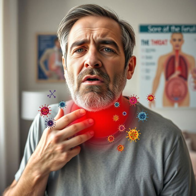 A portrait of a middle-aged man with a distressed expression, holding his throat, indicating a sore throat