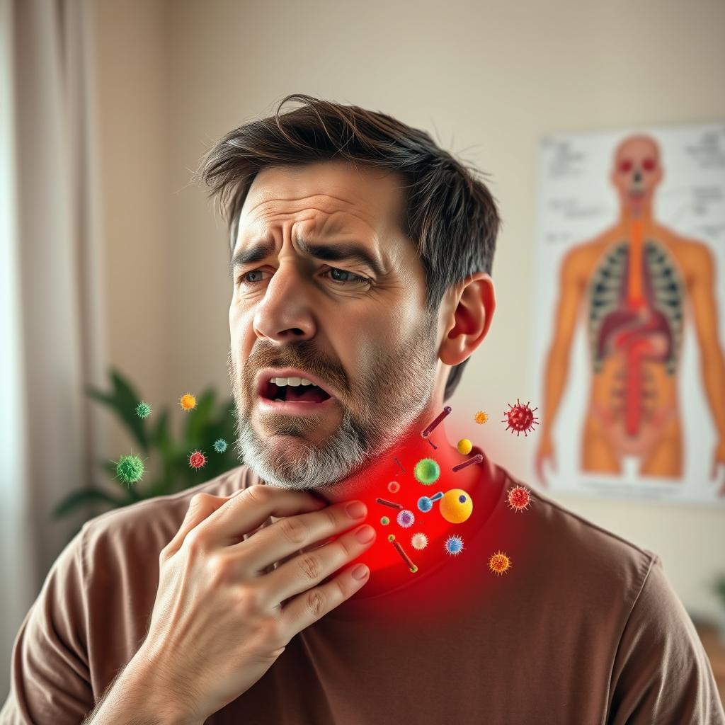 A portrait of a middle-aged man with a distressed expression, holding his throat, indicating a sore throat
