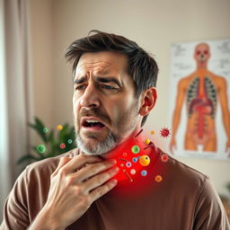 A portrait of a middle-aged man with a distressed expression, holding his throat, indicating a sore throat