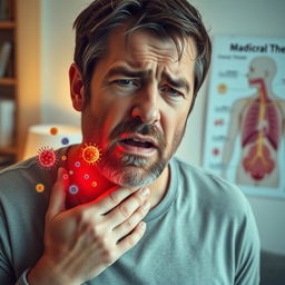 A portrait of a middle-aged man with a distressed expression, holding his throat, indicating a sore throat