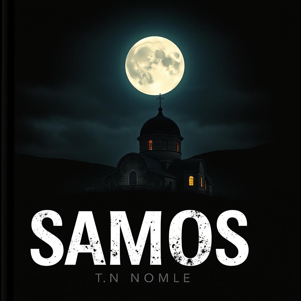 A book cover featuring a modern font with no title, showcasing an ominous graphic of a Samos monastery under a dark sky