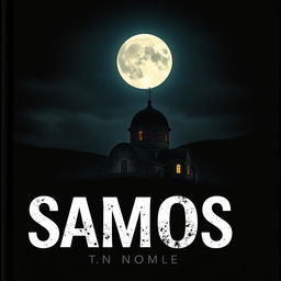 A book cover featuring a modern font with no title, showcasing an ominous graphic of a Samos monastery under a dark sky