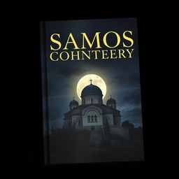 A book cover featuring a modern font with no title, showcasing an ominous graphic of a Samos monastery under a dark sky
