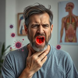 A highly detailed portrait of a middle-aged man, showing a strained expression as he holds his throat, indicating a severe sore throat