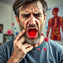 A highly detailed portrait of a middle-aged man, showing a strained expression as he holds his throat, indicating a severe sore throat