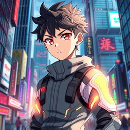 An anime boy with striking red eyes, dressed in a high-tech safety suit, stands confidently amidst a bustling cityscape