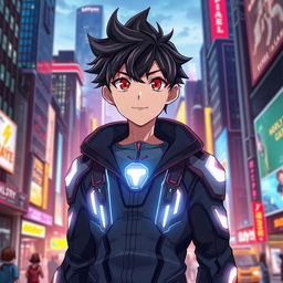 An anime boy with striking red eyes, dressed in a high-tech safety suit, stands confidently amidst a bustling cityscape