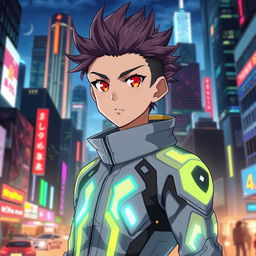 An anime boy with striking red eyes, dressed in a high-tech safety suit, stands confidently amidst a bustling cityscape